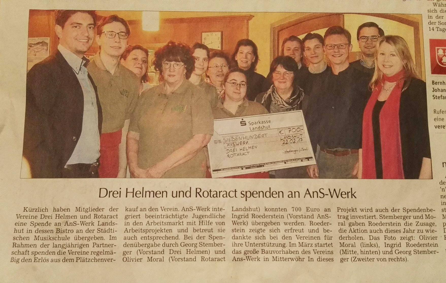Drei Helmen Landshut Spendenübergabe AnsWerk Zeitungsartikel1